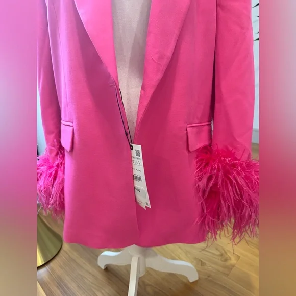 Zara Elegant Pink Feather-Trimmed Womens Blazer Size S NWOT - Picture 5 of 10